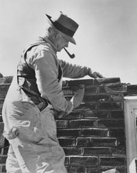 Senior Man Laying Bricks Fine Art Print - Side Profile View