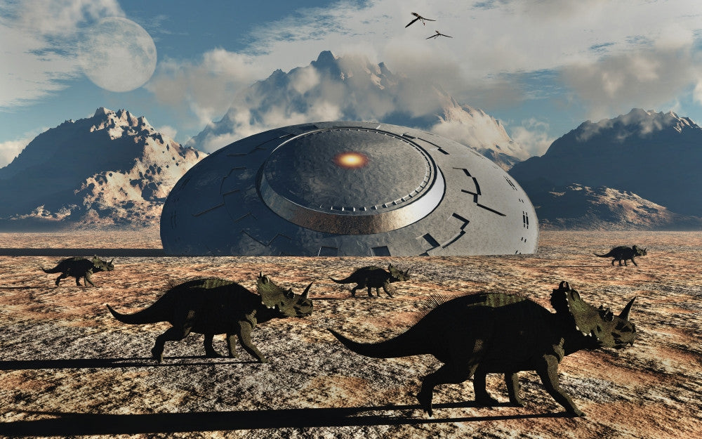 Cretaceous Dinosaurs and Flying Saucer Fine Art Print