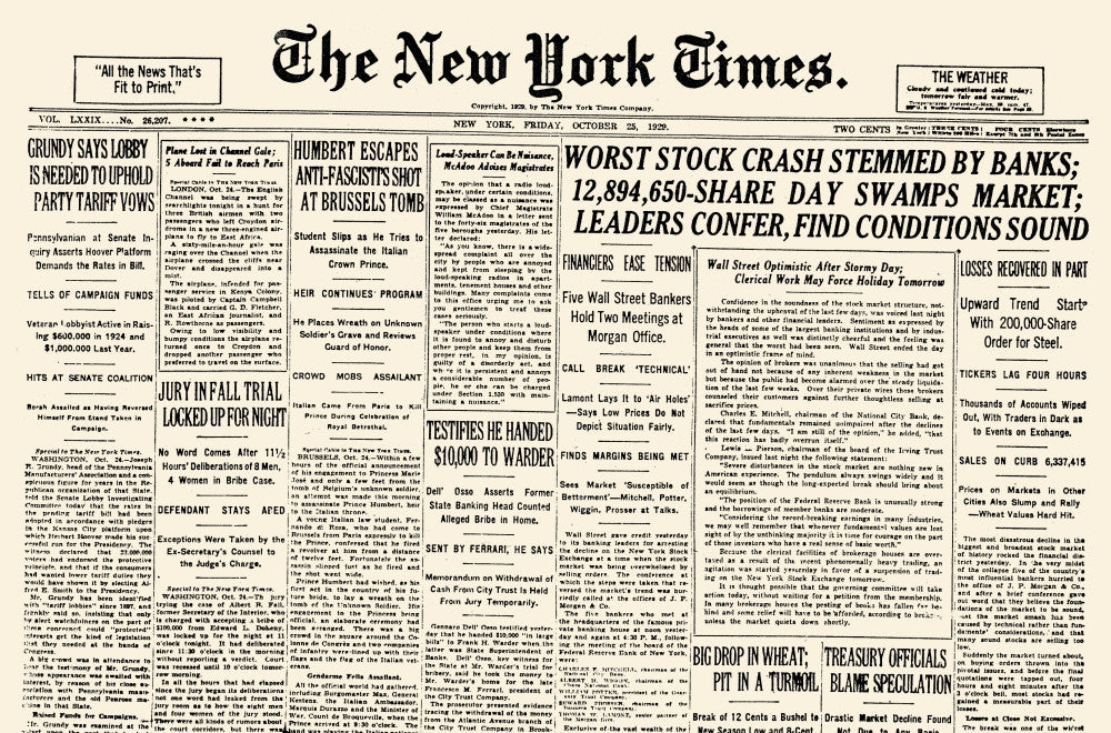 Wall Street Crash 1929 New York Times Front Page Poster Print by Granger Collection
