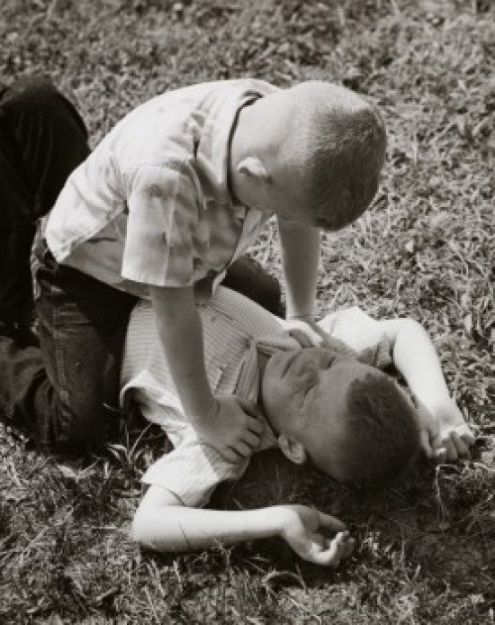 High Angle View of Two Boys Fighting Fine Art Print