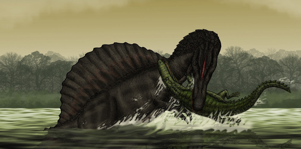 A Spinosaurus Hunts a Young Stomatosuchus Fine Art Print