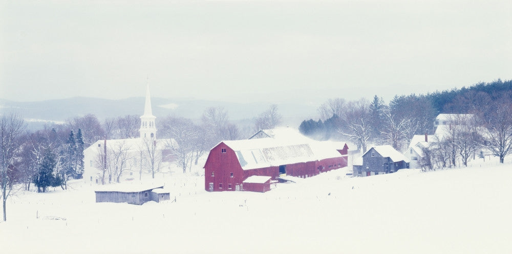 Snow Covered Barn & Church in Peacham, Vermont Fine Art Print