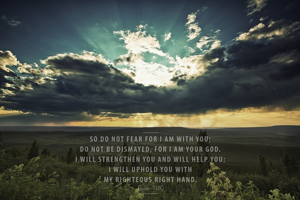Sunset Through Dark Clouds Art Print with Isaiah 41:10 by Tim Antoniuk