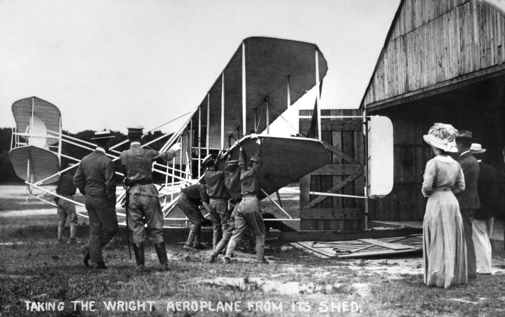 Wright Brothers Taking the Aeroplane from Its Shed - Fine Art Print