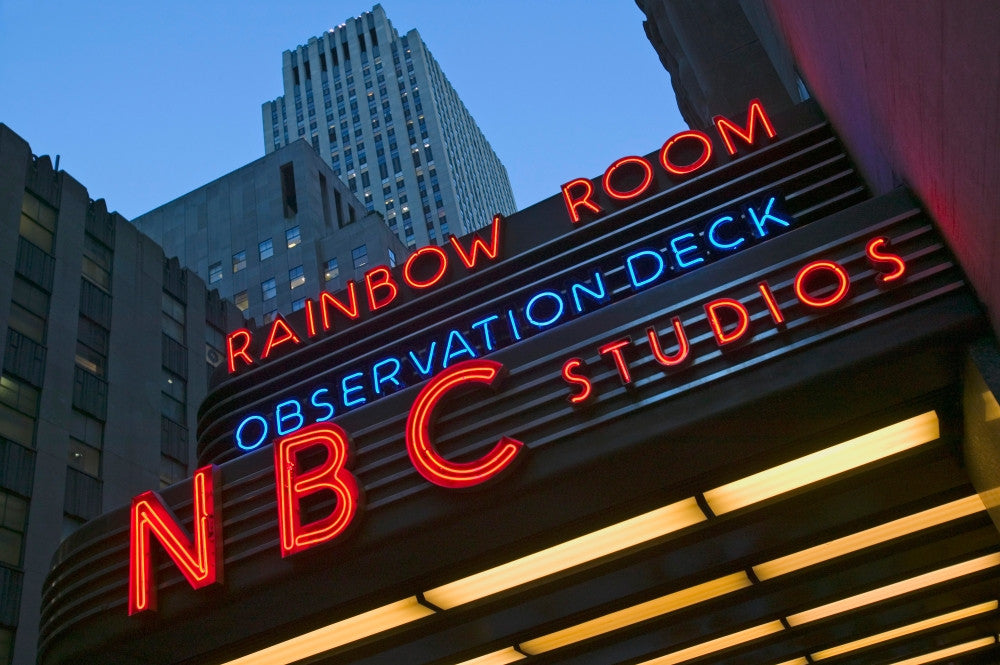 Neon Lights of NBC Studios and Rainbow Room Fine Art Print by Panoramic Images