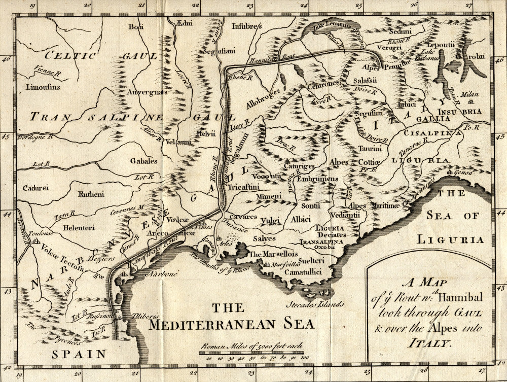 A Map of Hannibal's Route Through Gaul and the Alps Fine Art Print