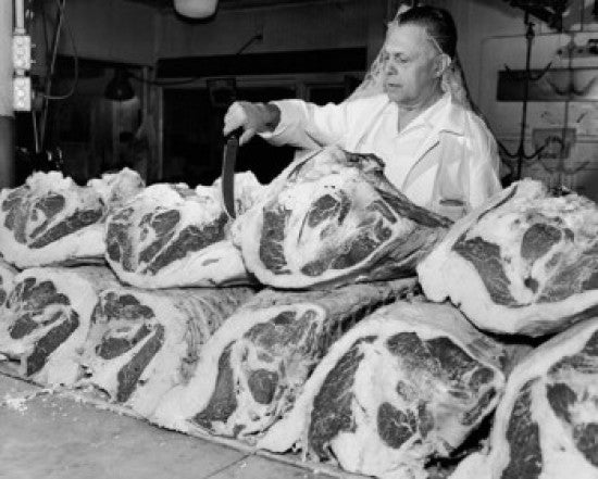 Butcher Inspecting Beef at a Butcher's Shop Fine Art Print