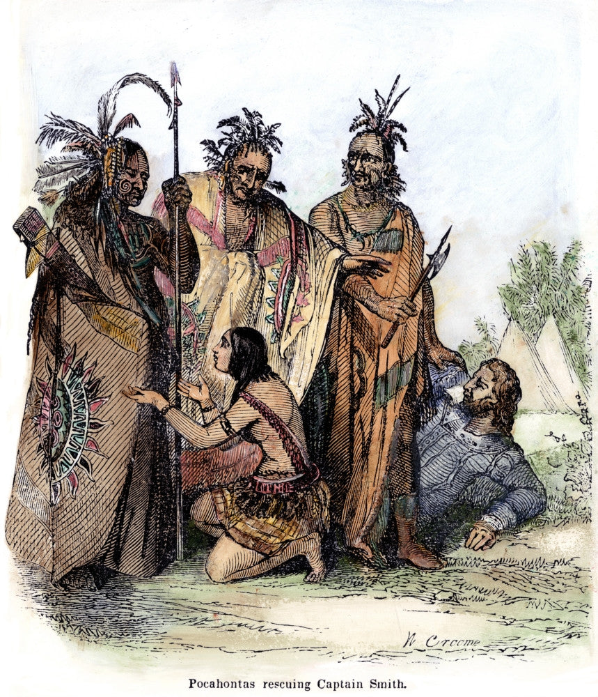 Pocahontas Begging Powhatan to Spare Captain John Smith - Colored Engraving Print (C1840)