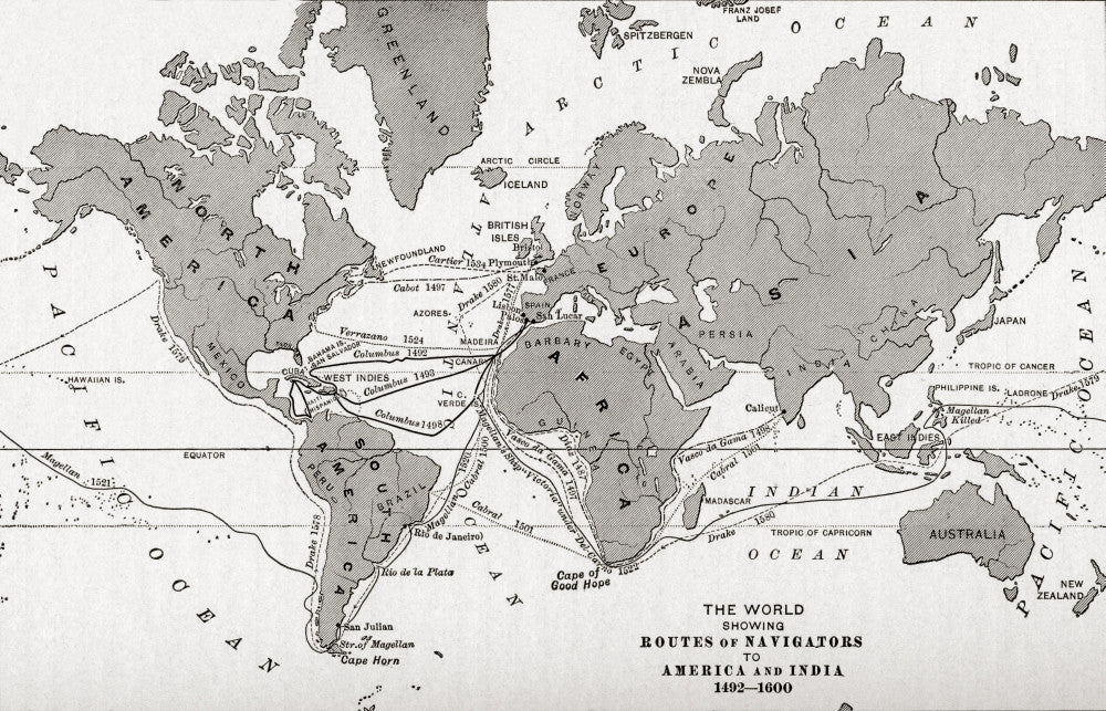 Historical Map of World Navigation Routes (1492-1600) by Ken Welsh