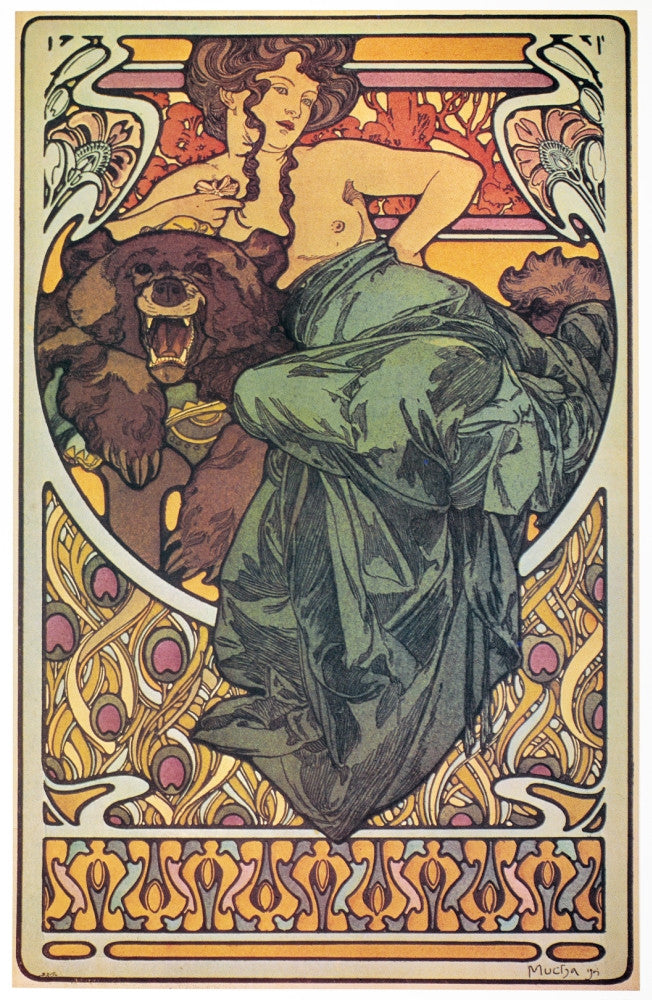 Mucha Bearskin Lithograph Print - Woman on a Bearskin Rug