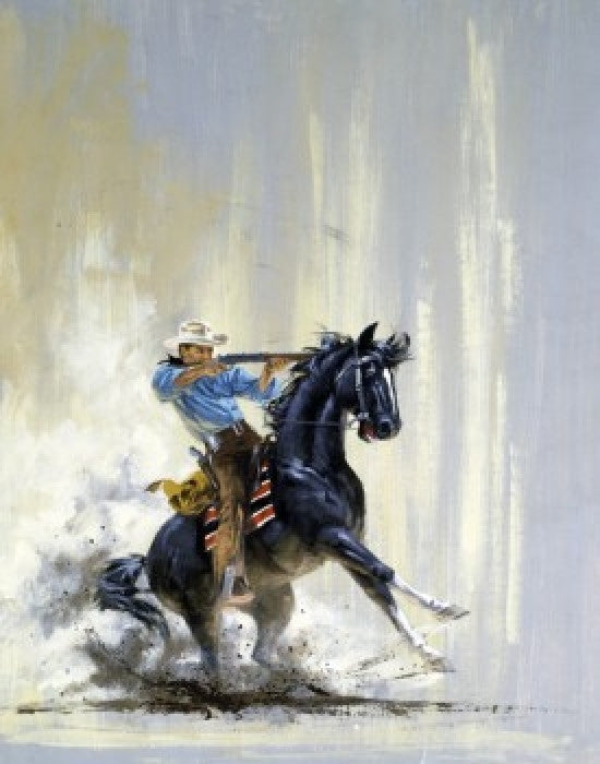 Cowboy on Horseback Aiming Gun Fine Art Print