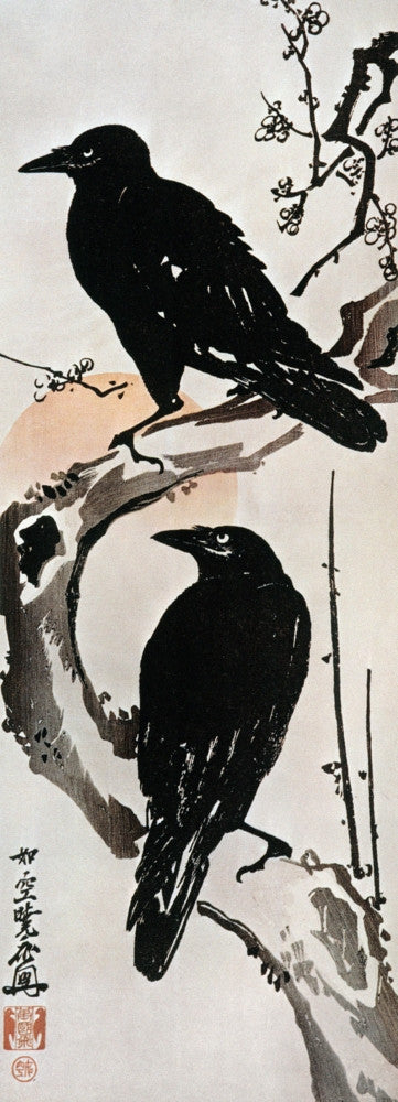Japanese Kakemono-E Print: Two Crows on Flowering Plum by Kyosai