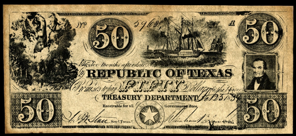 Texas Banknote Fine Art Print - 1839 Fifty Dollar Note by Granger Collection