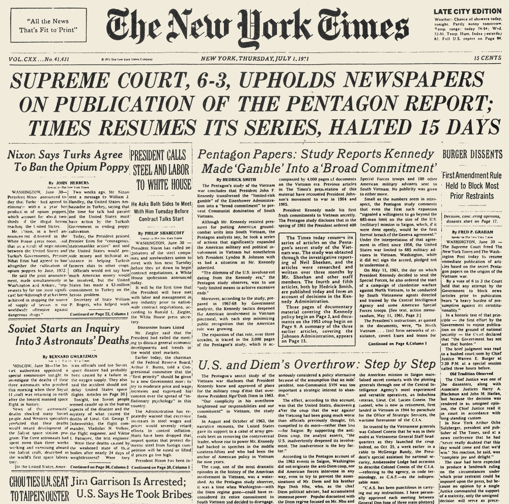Pentagon Papers Front Page Fine Art Print - July 1, 1971