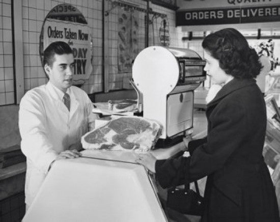 Young Woman at Butcher Shop Fine Art Print