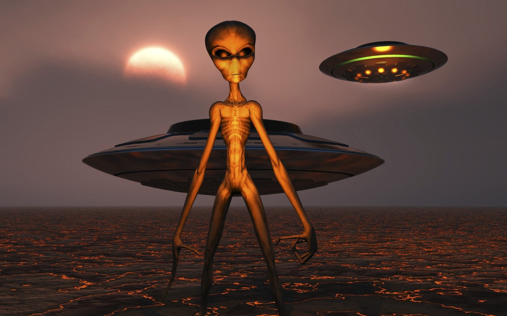 Grey Alien Exploring Volcanic Planet Fine Art Print by Mark Stevenson