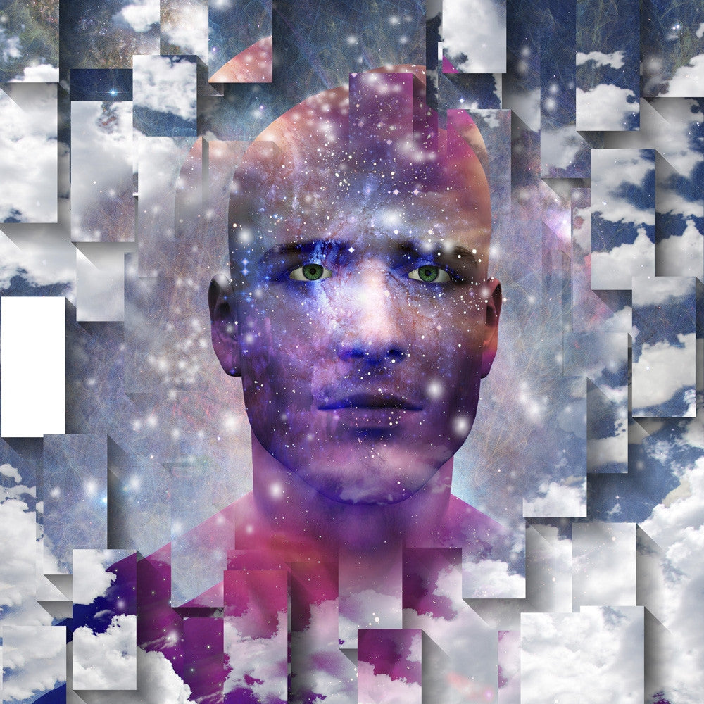 Surreal Digital Art Print Featuring Man's Head with Stars and Clouds by Bruce Rolff