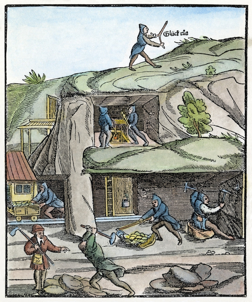 Mining in 16th Century Europe Woodcut Print by Granger Collection