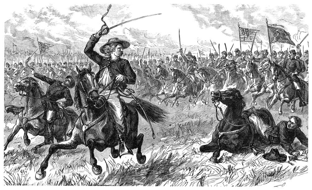 George Custer Leading a Cavalry Charge Fine Art Print - 19th Century Wood Engraving