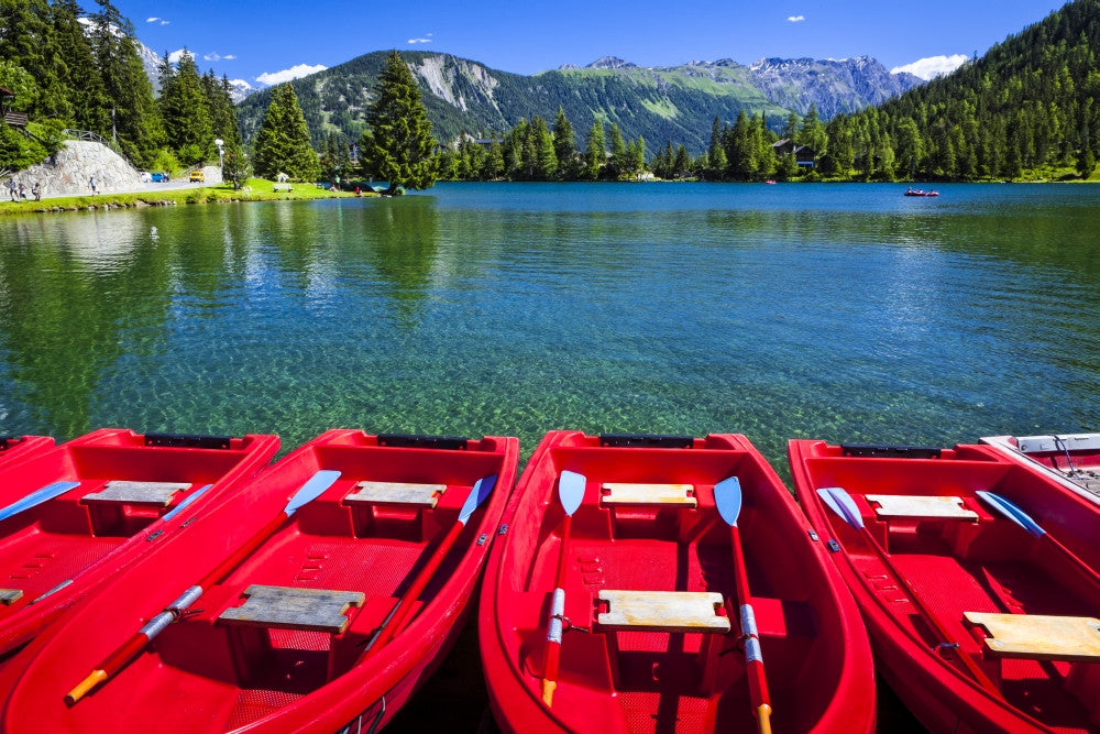 Red Boats at Champex Lake Fine Art Print by Sunny Awazuhara-Reed