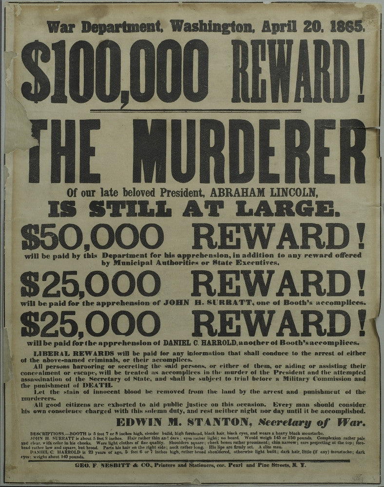 Poster Print of the Reward for Capturing Lincoln's Assassin