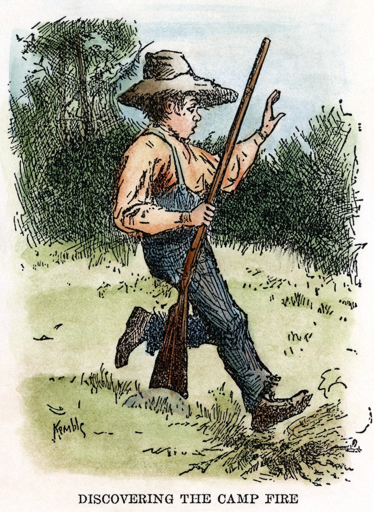Clemens: Huck Finn 1885 - Discovering The Camp Fire Fine Art Print by Edward Windsor Kemble