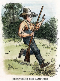 Clemens: Huck Finn 1885 - Discovering The Camp Fire Fine Art Print by Edward Windsor Kemble