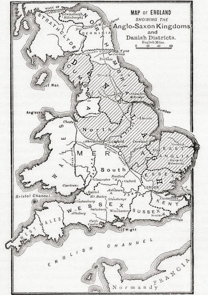 Map of England - Anglo-Saxon Kingdoms and Danish Districts Fine Art Print by Ken Welsh