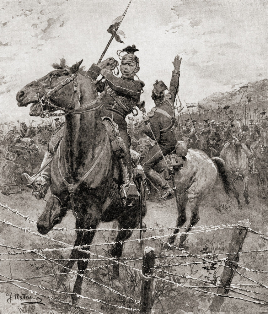 The Uhlans Encountering Barbed Wire - World War One Poster Print by Hilary Jane Morgan