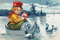 Vintage Dutch Boy Postcard Fine Art Print - Charming Lake Scene
