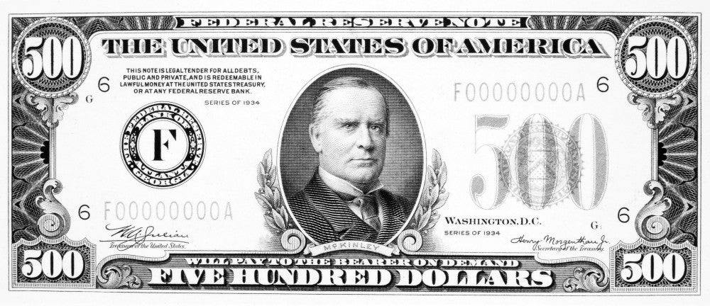 500 Dollar Bill Fine Art Print Featuring President William McKinley