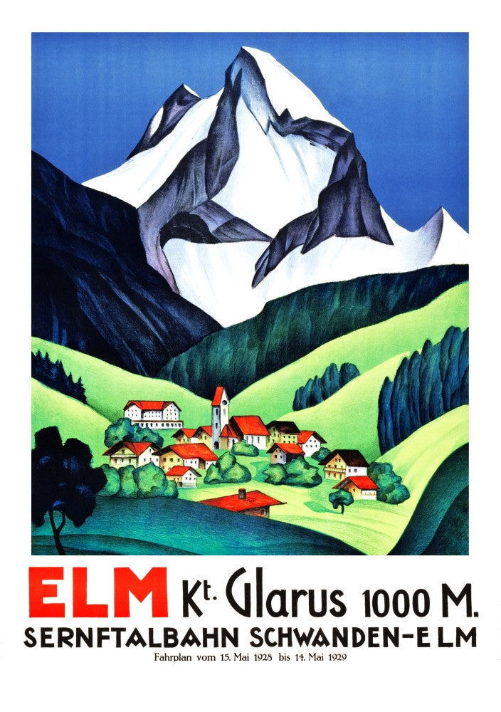 Elm Mountain Village 1920s Travel Poster Fine Art Print