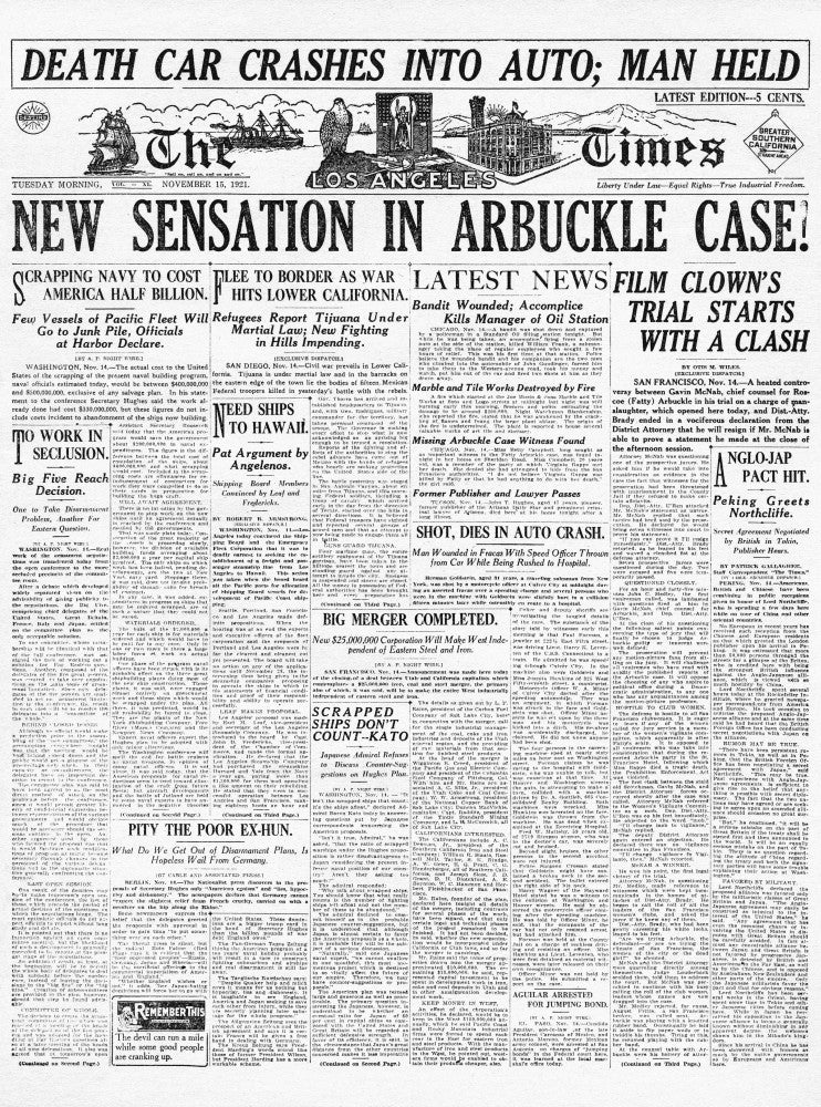 Roscoe 'Fatty' Arbuckle Los Angeles Times Front Page Print - 1921