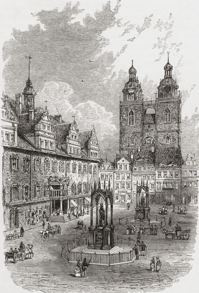 19th Century Marketplace Scene with Martin Luther & Melanchthon Statues - Fine Art Print