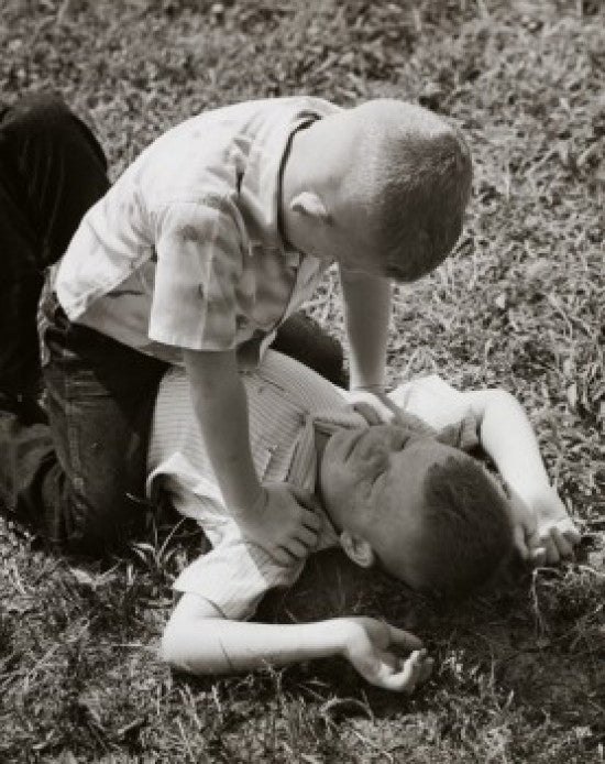 High Angle View of Two Boys Fighting Fine Art Print