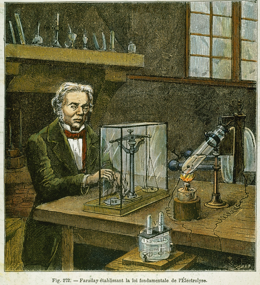 Michael Faraday Establishing the Fundamental Law of Electrolysis - 19th Century Colored Engraving Poster Print