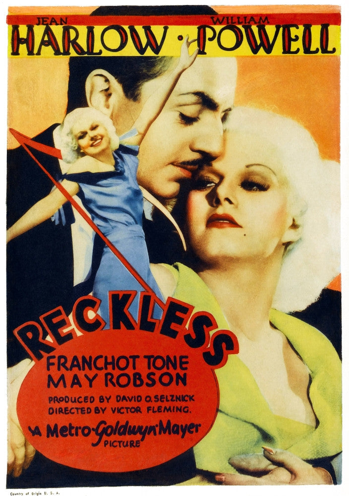 Reckless Movie Poster Print Featuring Jean Harlow and William Powell - 1935 Window Card