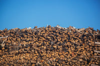 Stack of Firewood Pile Against Blue Sky Fine Art Print
