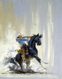Cowboy on Horseback Aiming Gun Fine Art Print
