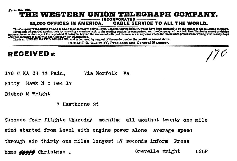 Wright Brothers' Historic Telegram Fine Art Print by Granger Collection