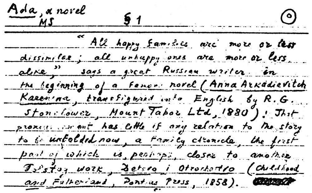 Vladimir Nabokov 'Ada' Manuscript Opening Lines Fine Art Print
