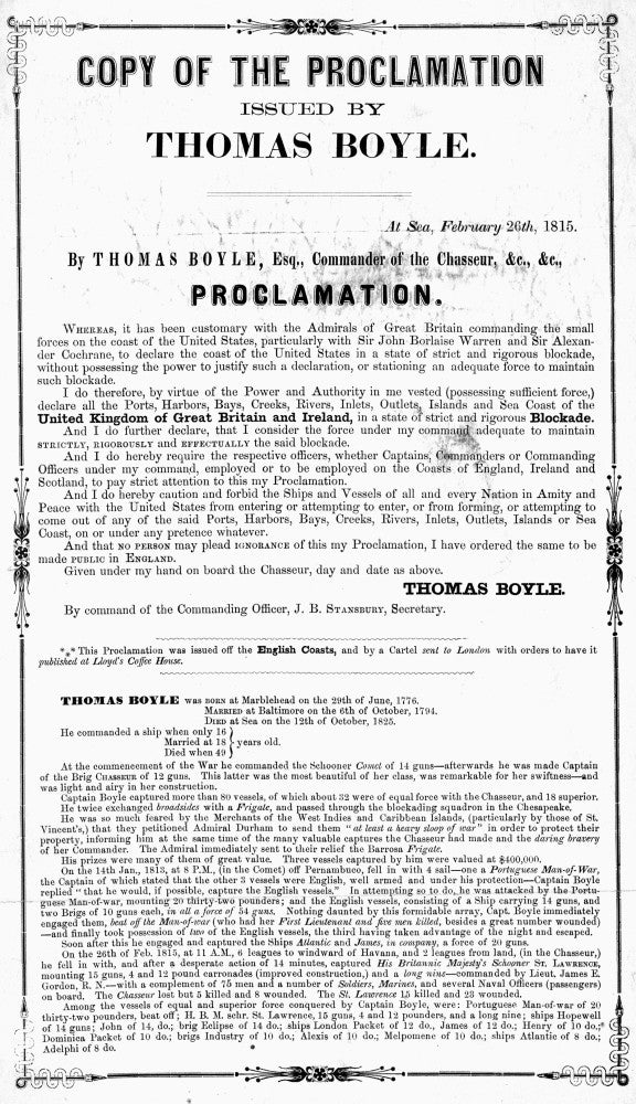 Proclamation of Blockade by Thomas Boyle - Fine Art Print