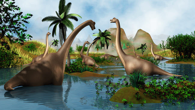 Brachiosaurus Dinosaurs Grazing in Prehistoric Environment Fine Art Print by Stocktrek Images