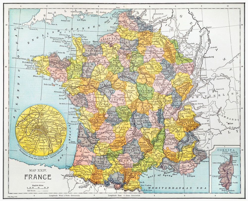 Antique Map of France with Paris Inset Detail - Fine Art Print by Granger Collection