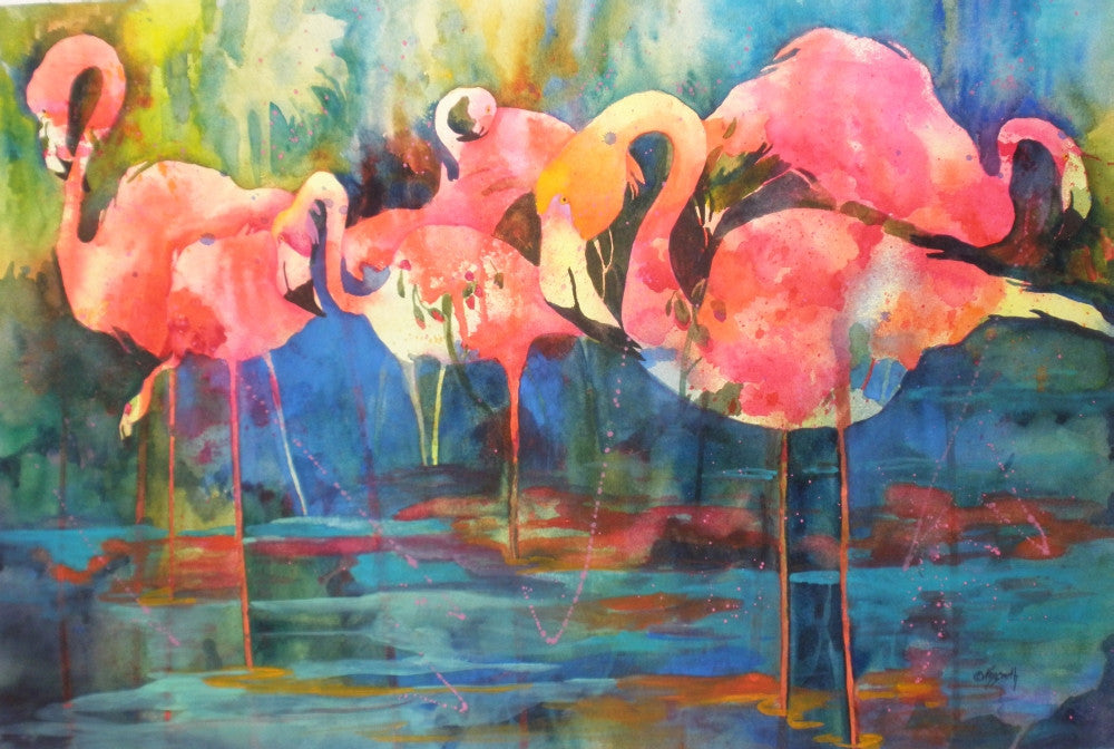 Flirty Flamingos Fine Art Print by Kay Smith (30x20)