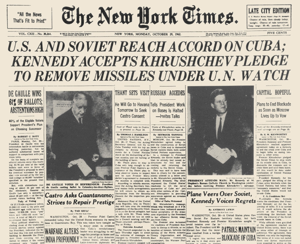 Cuban Missile Crisis 1962 New York Times Front Page Poster Print