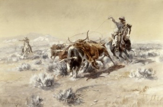 Roping The Longhorns Fine Art Print by Charles Marion Russell