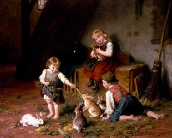 Children with Rabbits Fine Art Print by Felix Schlesinger
