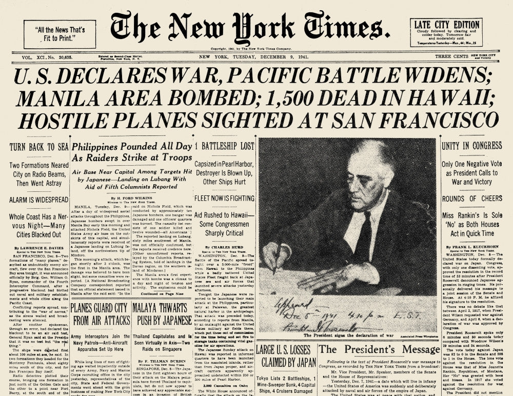 World War II: New York Times Front Page Print, December 1941