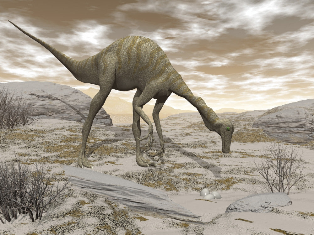 Gallimimus Dinosaur Discovering Eggs Fine Art Print by Elena Duvernay